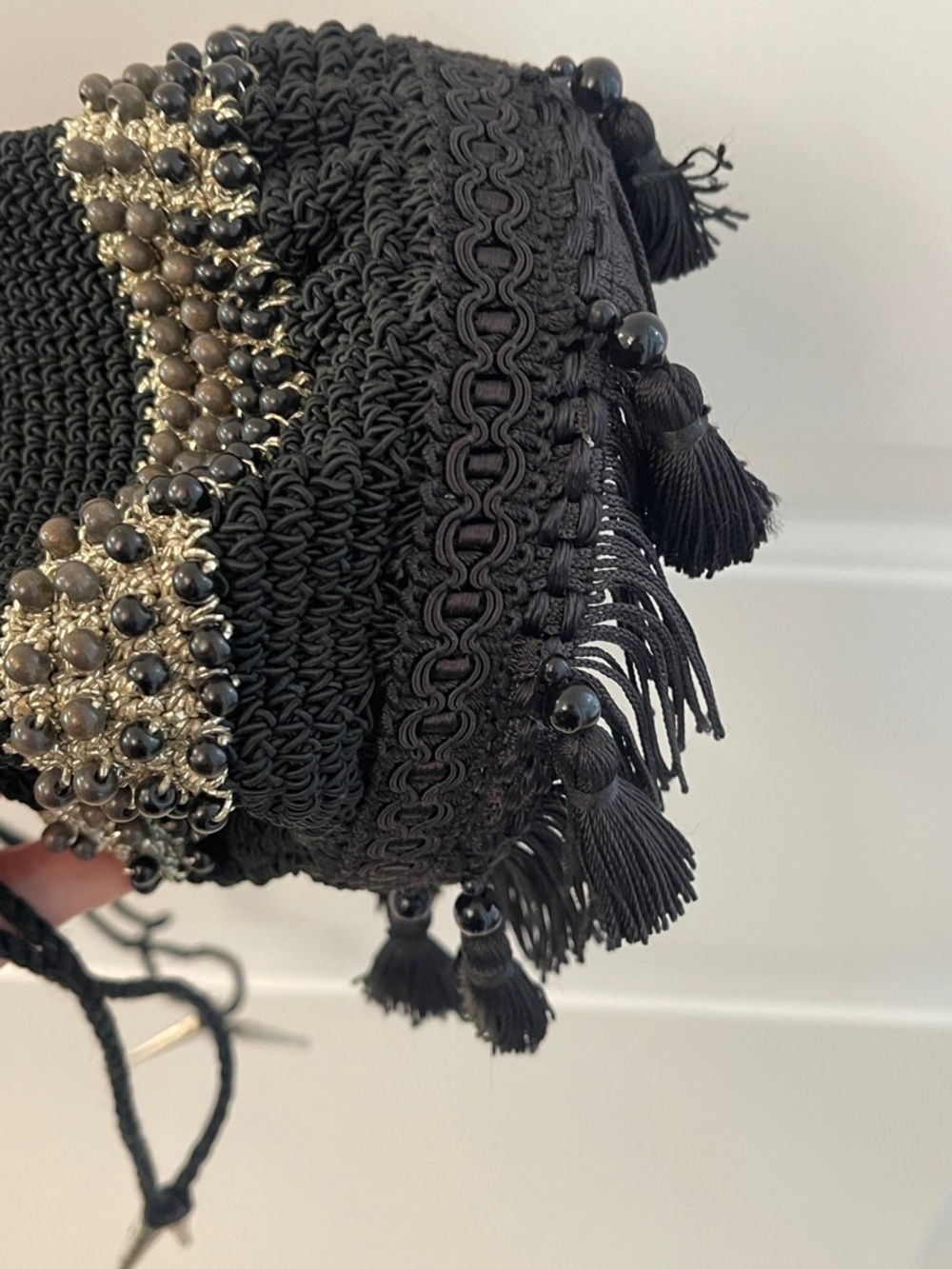 Boho Macramé Black Beaded Fringe Drawstring Satchel / resin bottom - Picture 5 of 13